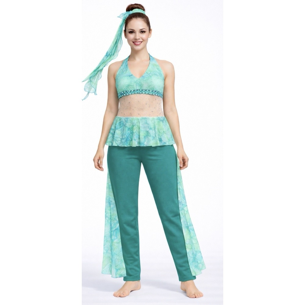 Adult S/M Lyrical Dance Costume Aqua Teal Halter Top Sheer Mesh Matching Pants